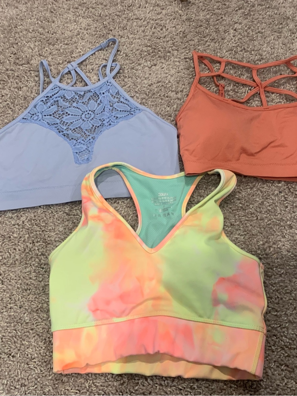 Zenana Outfitters Tie-Dye Sports Bralette Trio - Peach, Periwinkle, Multi
